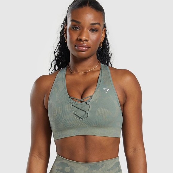 NWT Gymshark Adapt Camo Seamless Sports Bra - Unit Green/Chalk - Size L - Picture 1 of 5